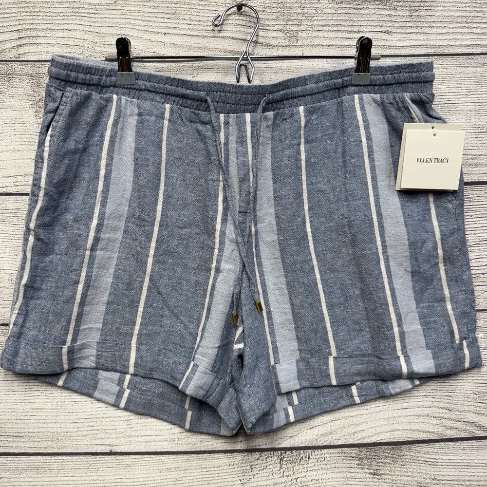 NWT Ellen Tracy Drawstring Waist Linen Striped Shorts Size XL White/Blue